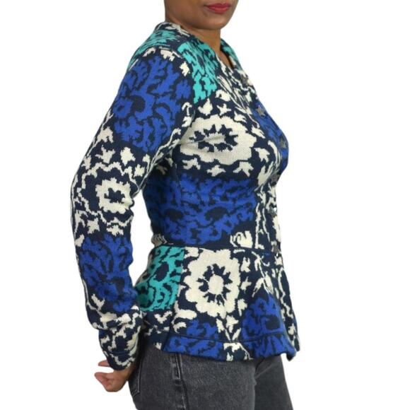 J Peterman Emmas Sweater Blue Hourglass Peplum Cardigan Green Floral Wool Small - Picture 14 of 16